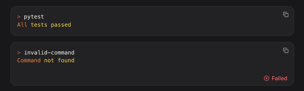 A command tool UI state rendered in Vibe Work, showing command execution status.