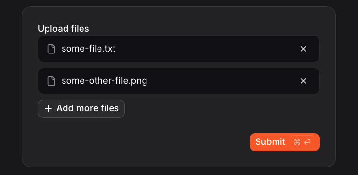 A multiple file upload field rendered in Vibe Work, showing attached files.