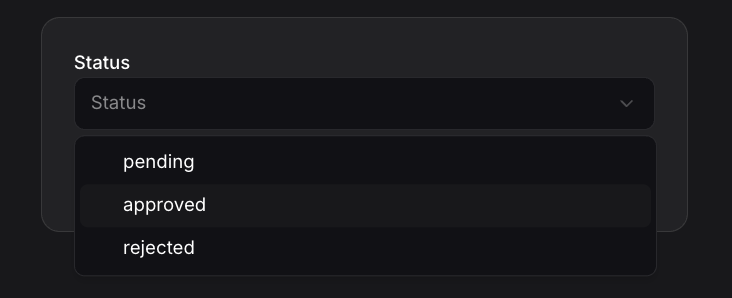 A single-choice dropdown rendered in Vibe Work, showing status options.